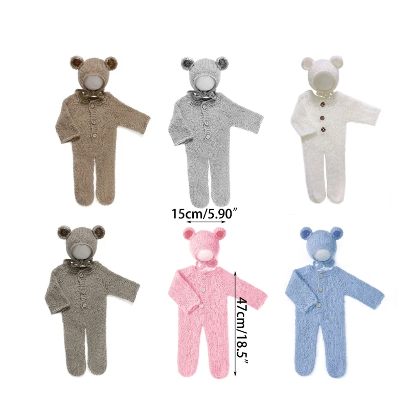 Lovely Newborn Photography Props Boys Girls Outfits Mohair Bear Hat Bonnet & Footed Romper Bodysuit Photoshoot Costume