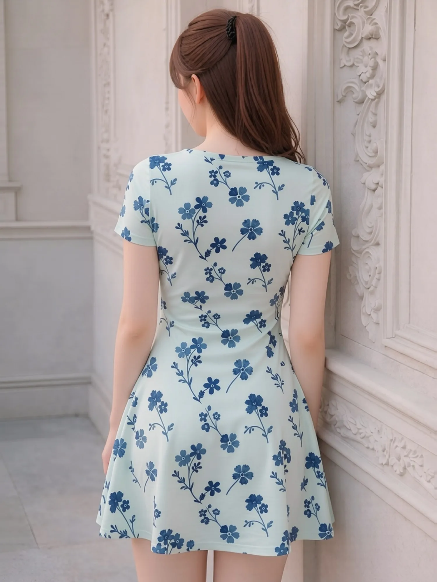 Womens V Neck Short Sleeve Floral Mini Sundress Casual Travel Outfit Feminine Graceful Relaxed Easy Wear Fashion Charm Cute Cafe