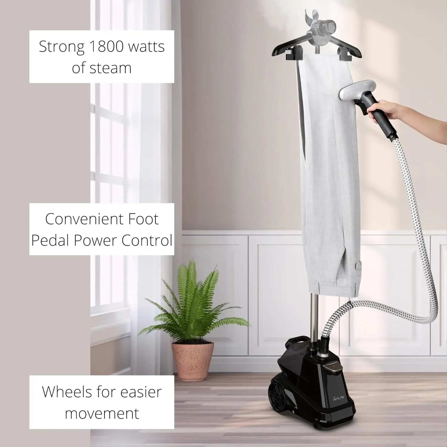 Full-Size Garment Steamer with Foot Pedals and Extra Large 3L (101.5 oz) Water Tank, 1800 watts of Poweful Steam (Navy)