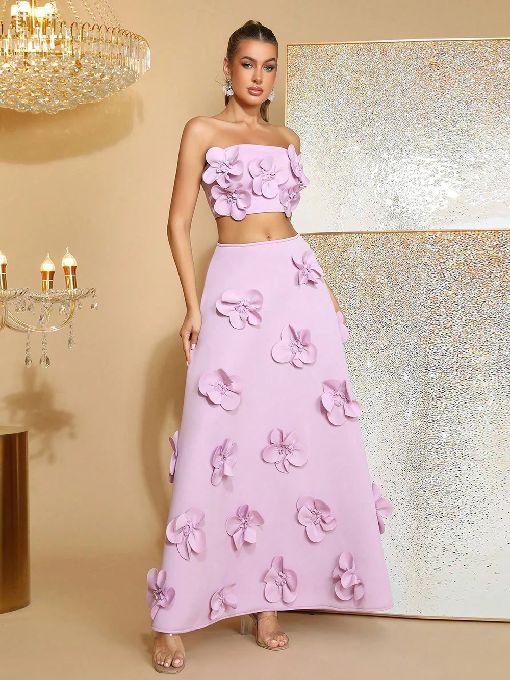 ชุดเซ็ตเสื้อครอปท็อปแต่งลายปักแบบต่อผ้าสุดหรู + กระโปรงยาวทรงเอ ชุดเดรสเกาะอกเซ็กซี่แบบเรียบง่ายสำหรับผู้หญิง ชุดสองชิ้นสำหรับผู้หญิง