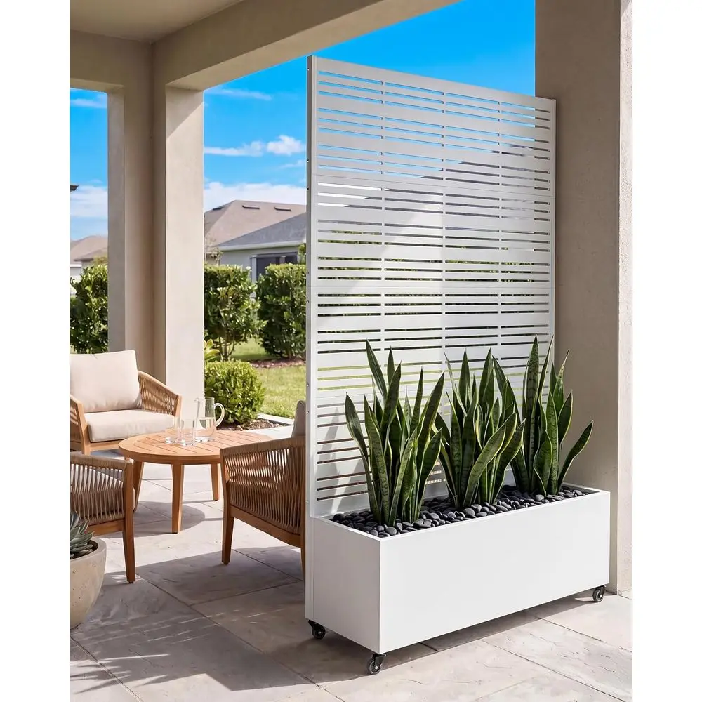 

73x47x16 White Metal Raised Garden Bed with Trellis, Louvered Privacy, on Wheels, Drainage, Suitable for Outdoor, Patio, Deck, B