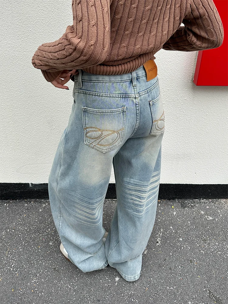 

High Waist Wide Leg American Design Denim Jeans Women's Loose Fit Light Blue Embroidery Pocket Casual Long Trousers