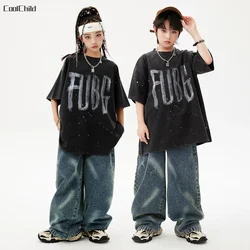 Boys Streetwear Street Dance Printed Loose T-shirt Jeans Girls Hip Hop Cool Clothes Sets Kids Jazz Denim Pants Outfits Costumes