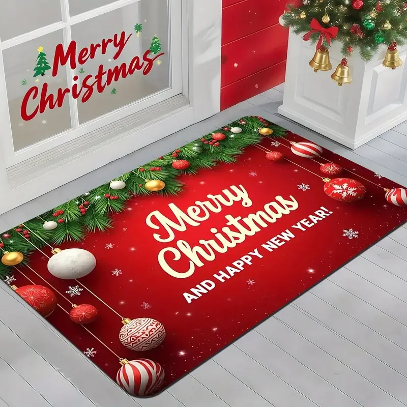 ممسحة فيكاما لعيد الميلاد المجيد مع فروع الصنوبر والكرات - قابلة للغسل في الغسالة، مادة الفانيلا، تصميم احتفالي باللونين الأحمر والأخضر