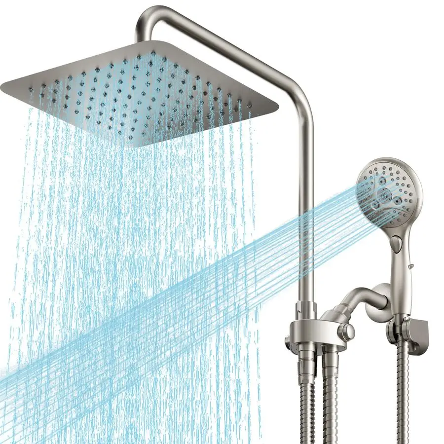 

10 Inch Big Square Rain Rainfall Shower Head with Adjustable Height, High Pressure 7 Modes Shower Head with Handheld Spray, Brus