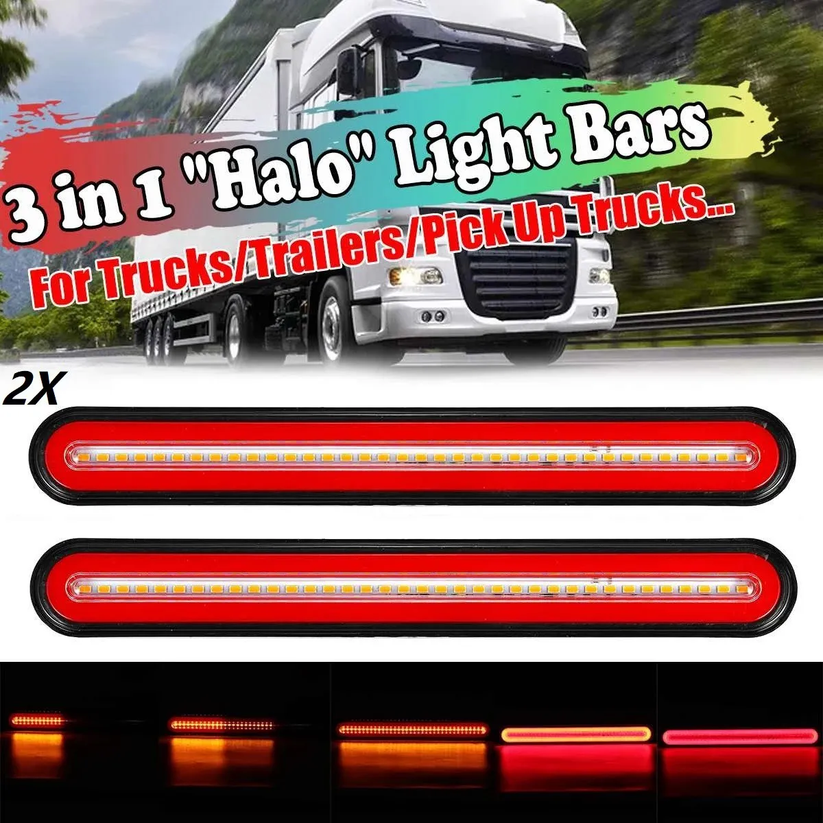 24V LED 13Inch Tail Brake Light 3 in 1 Neon Halo Ring Stop Rear Lamp for Truck Running Flowing Turn Signal Lights