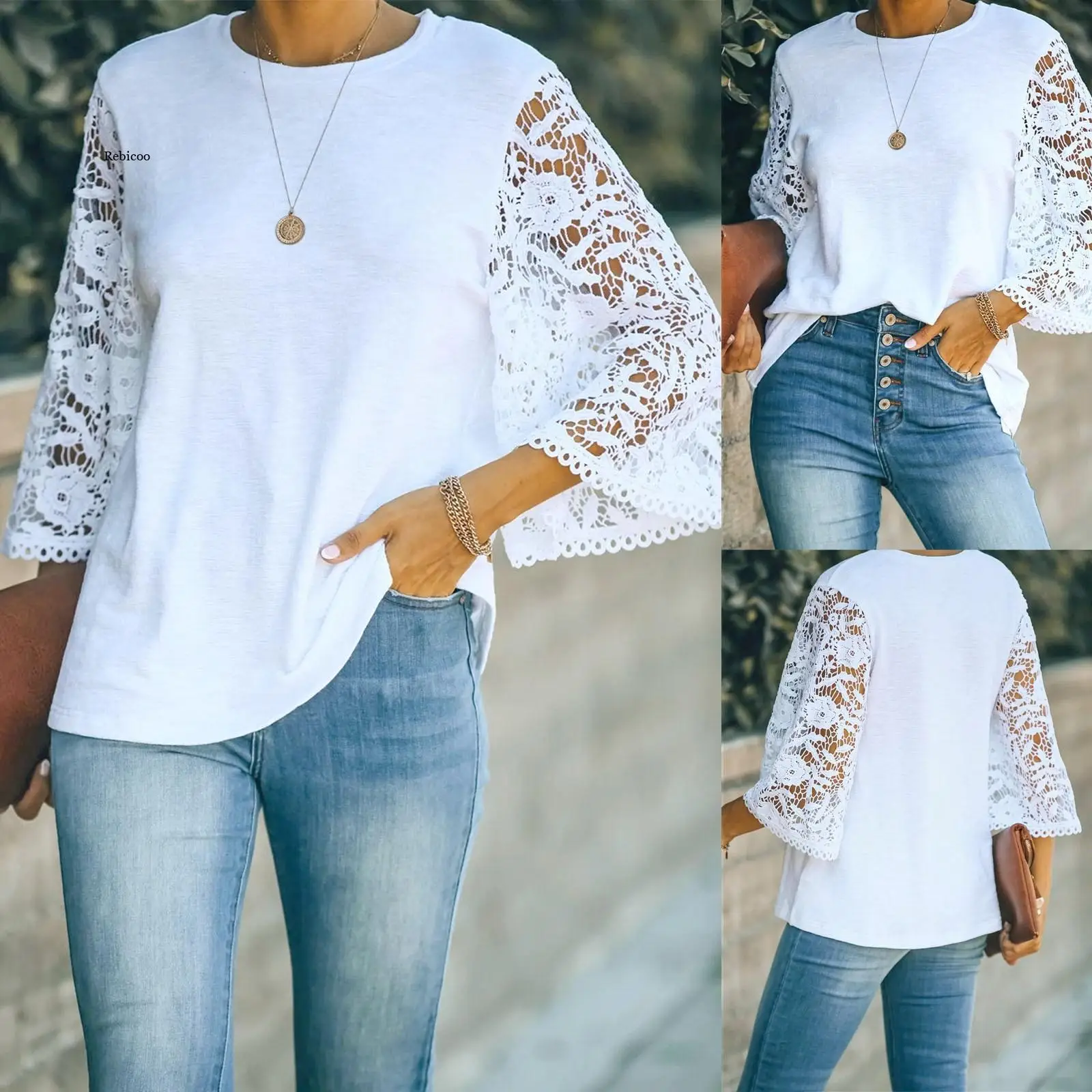 Fashion Lace Patchwork Tops Women Loose O Neck Ladies Casual Streetwear Blouse Elegant Female White Shirts Blouse Womens Outfits