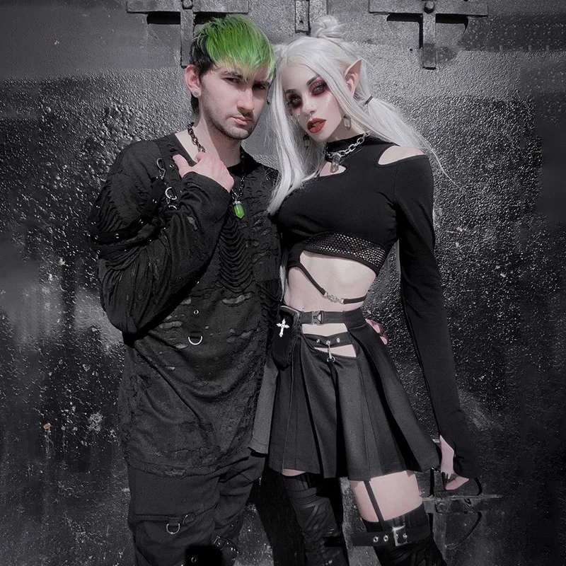 Y2k schwarz aushöhlen plissierte kurze Rock-Sets Anzüge für Frauen 2 Stück Goth Langarm Crop Top Sets Sommer Outfits Streetwear