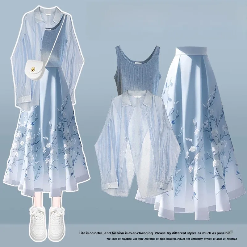 

Летний женский модный комплект большого размера, солнцезащитный жилет, юбка, традиционный китайский костюм-футболка Long Sve P...