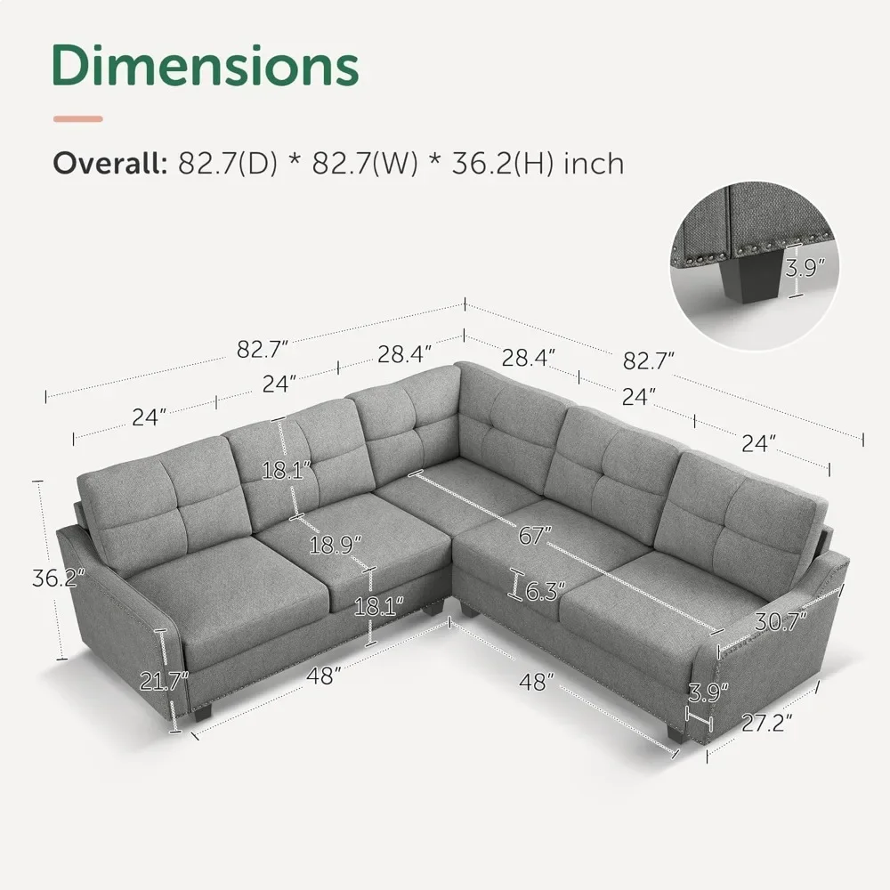 Sofá secional conversível em forma de L para apartamento pequeno Sofá secional reversível para sala de estar, cinza claro