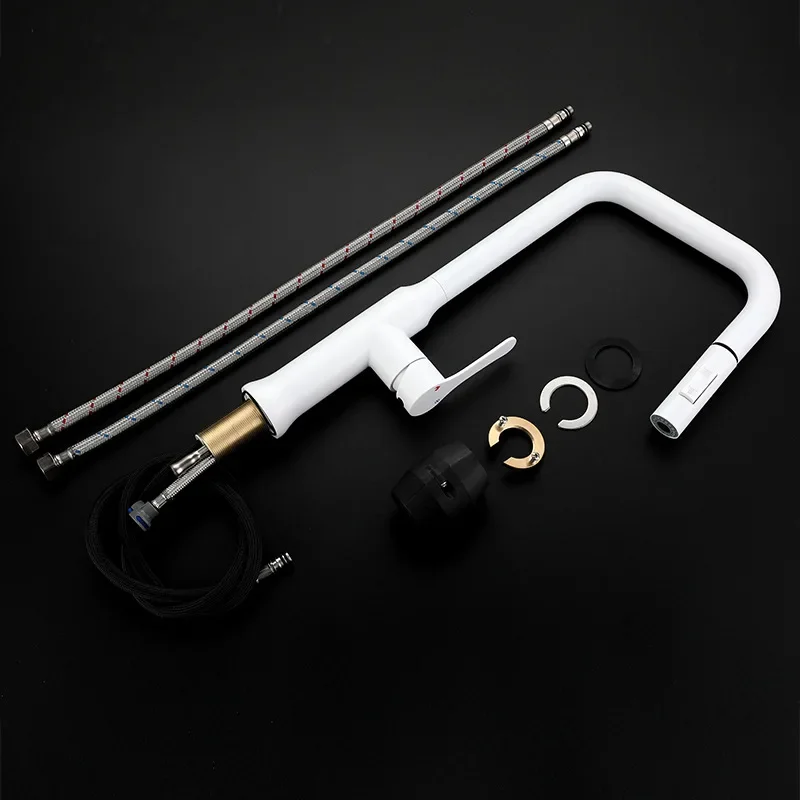 

Белый кухонный смеситель из нержавеющей стали 304 для горячей и холодной воды, выдвижной, с семисекционной трубкой, для раковины/мойки