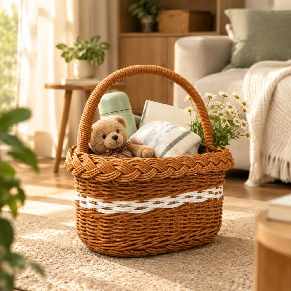 with Handle Imitation Rattan Handhold Household Handwoven Braid Storage Baskets 2 Sizes Retro Weaving Flower Basket
