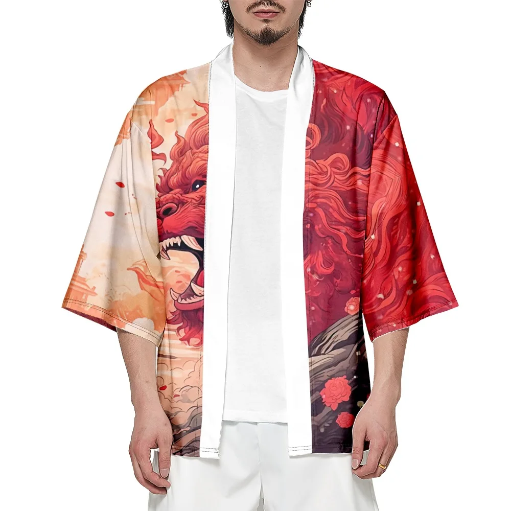 سترة مطبوعة لرقص الأسد الصيني قمصان هاوري للنساء والرجال ملابس يوكاتا التأثيرية هاراجوكو كيمونو #5