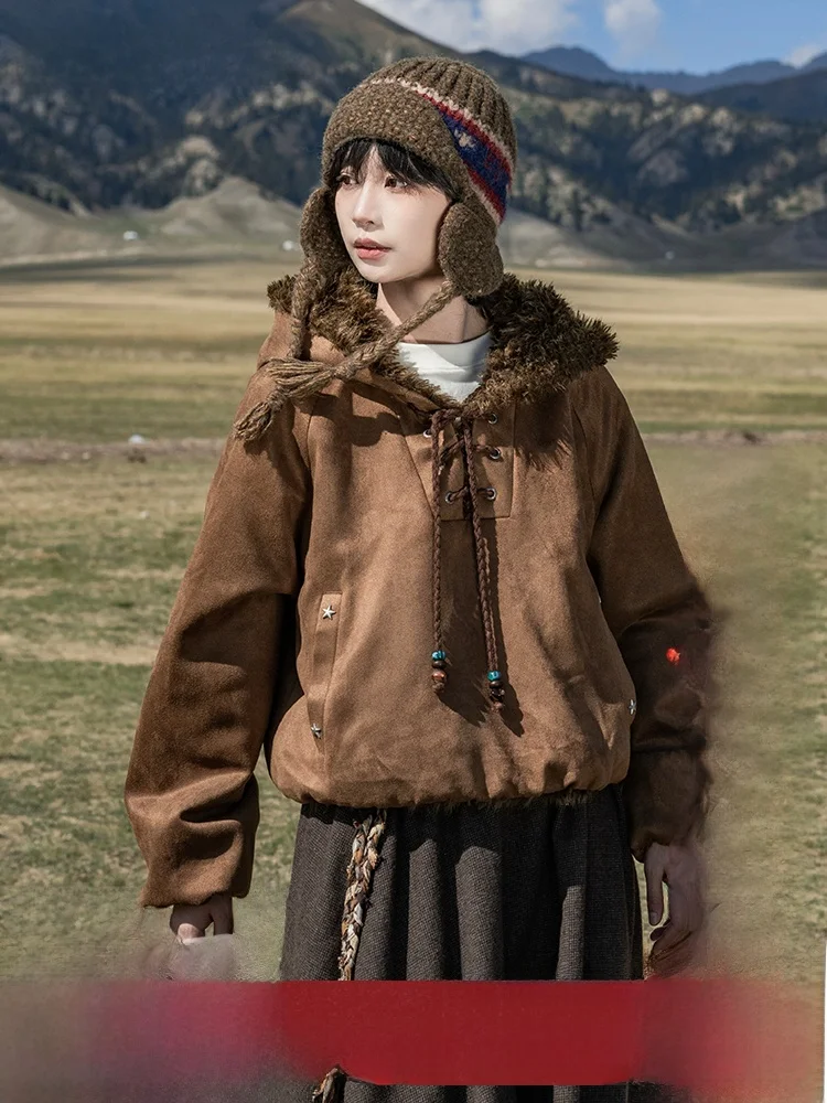 

Saoe Japanese Sle Retro Autumn Winter Thiened Cotton Jaet with Suede Fur Collar Hoodie Women's Loose Fit Zipper Closure