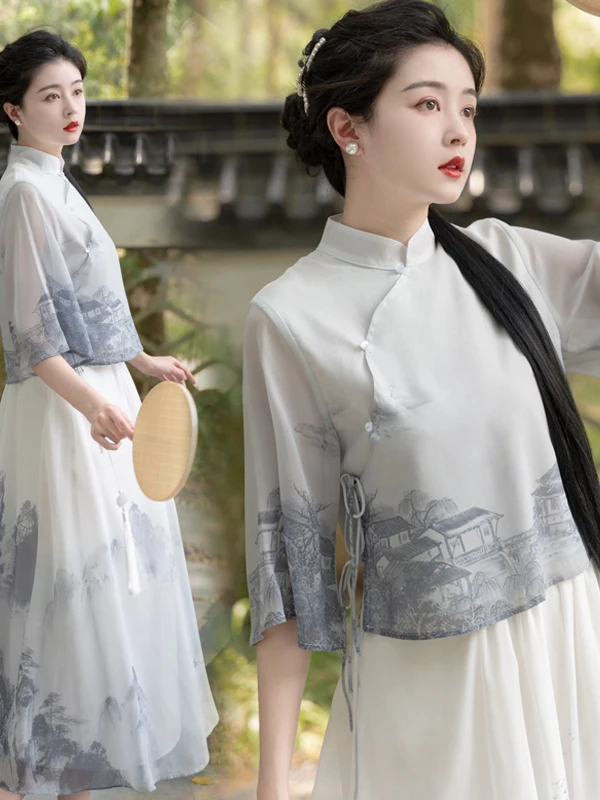 New Chinese Style Water-Mark Print Short Sleeve  Top with Skirt Two-Piece Set Women Summer Fashion Traditional Ethnic