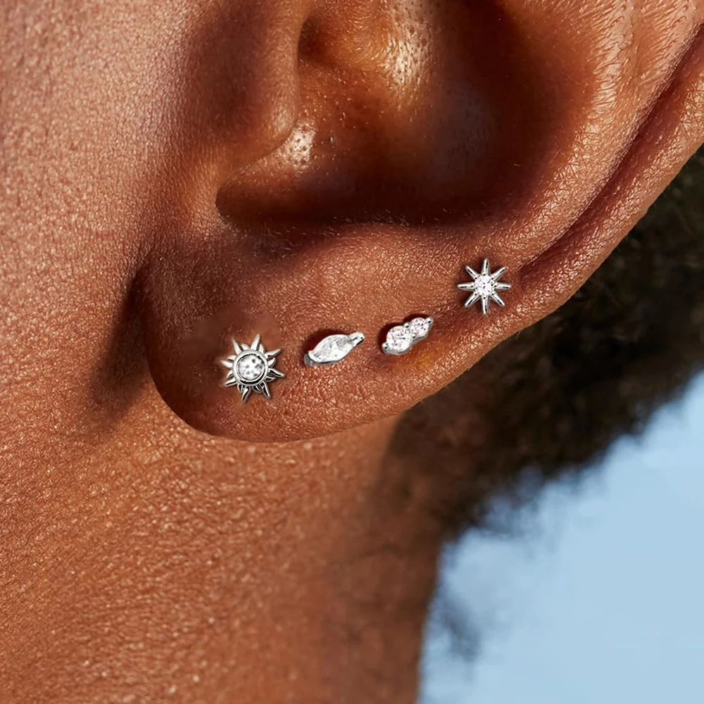 4 قطعة تصميم جديد الفولاذ المقاوم للصدأ مكعب زركونيا قرط الاذن المرصع للنساء ستار زهرة قلادة الغضروف ثقب المجوهرات الأنيقة #4
