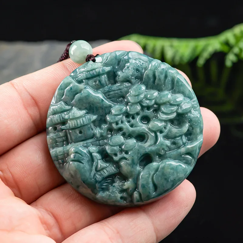 Burmese Jade Landscape Pendant Charm Jewelry Choker Amulets Vintage Gift Natural Emerald Necklace Luxury Green Jadeite