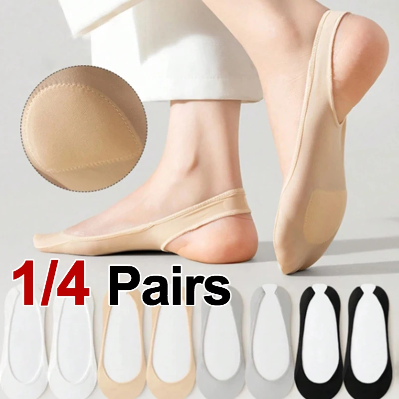 1/4 Paar Damen-Socken mit dicken Polstern, unsichtbare Socken, Frühling und Sommer, atmungsaktives Silikon, rutschfest, geeignet für High Heels, Low-Top-Futter-Socken