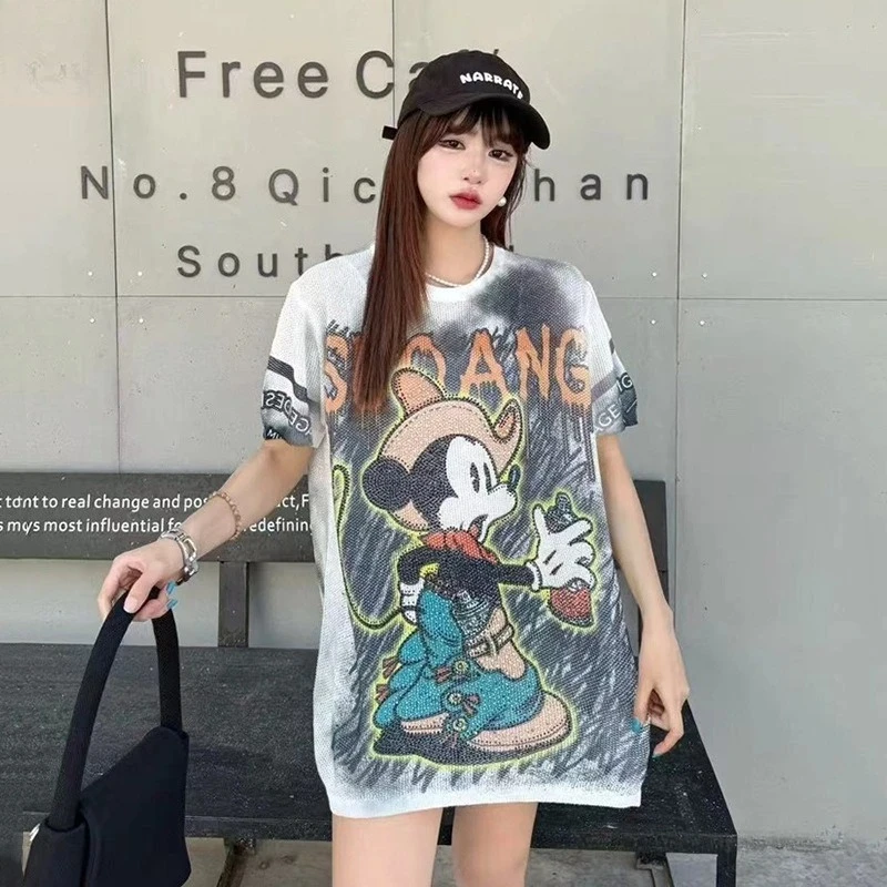 

Футболка Disney из ледяного хлопка 2025, топ с объемным принтом и кристаллами