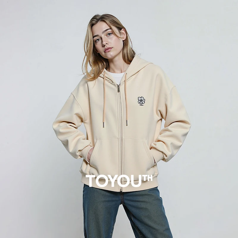 

TOYOUTH Women Hoodies 2025 Winter New Embroidered Hooded Fleece-lined Warm Loose Cardigan Sporty Outerwear