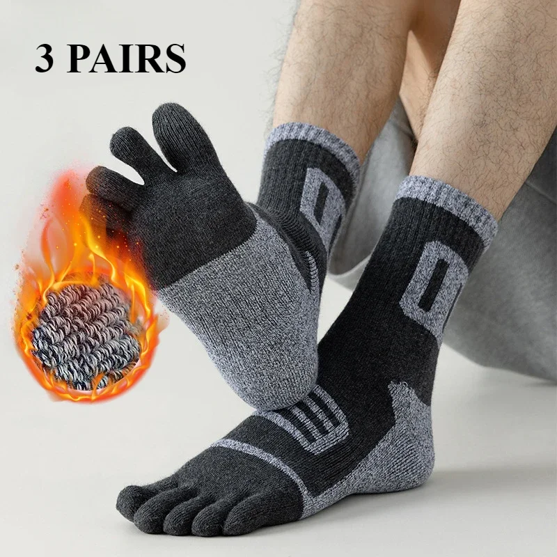 3 Pairs Toe Sports Socks Man Thick Winter Warm Five Finger Socks Fleece Fluffy Fitness Crew Socks Athletic