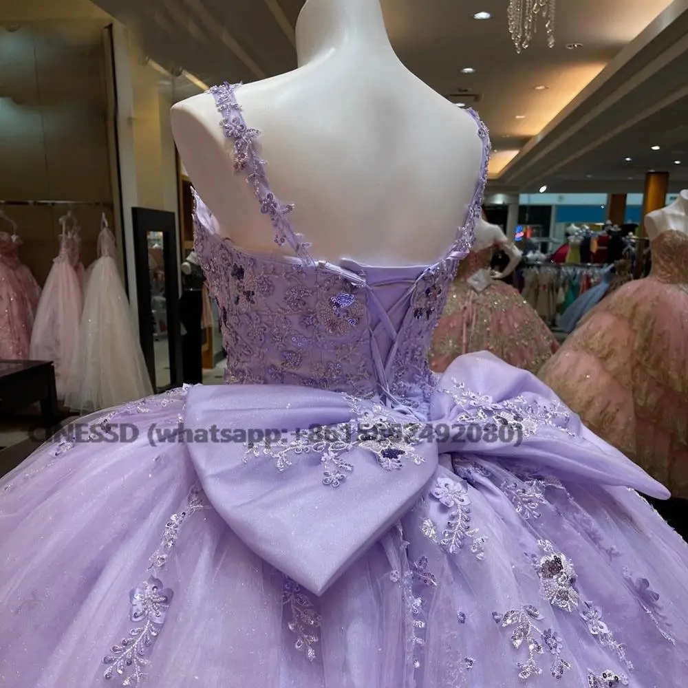 Vestido de quinceañera con tirantes finos de lavanda, vestido de baile, apliques de flores, corsé de lentejuelas con cuentas, dulce, 15 niñas