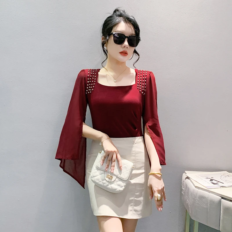 Czarna koszulka w stylu koreańskim na jesień, szykowna, seksowna, kwadratowy dekolt, błyszczące koraliki, patchwork, szyfonowe bluzki damskie, koszulki z długim rękawem, nowość 2025, 49206