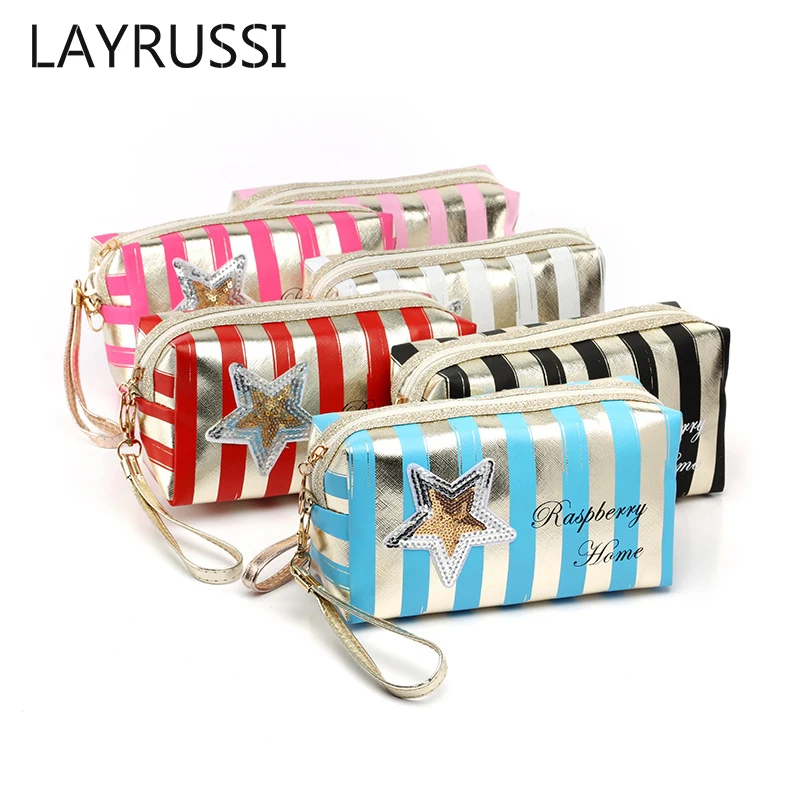 

LAYRUSSI Leather Makeup Bag Star Stripe Cosmetic Bag Waterproof Colorful Letter Zipper Makeup Case Women Travel Toiletry Pouch