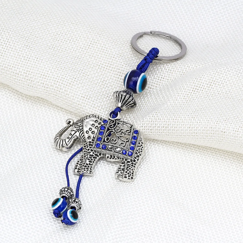 Lucky Eye Alloy Elephant Keychain Blue Turkish Evil Eye Bead Key Chain Women Men Bag Car Keyring llavero porte clé מחזיק מפתחות