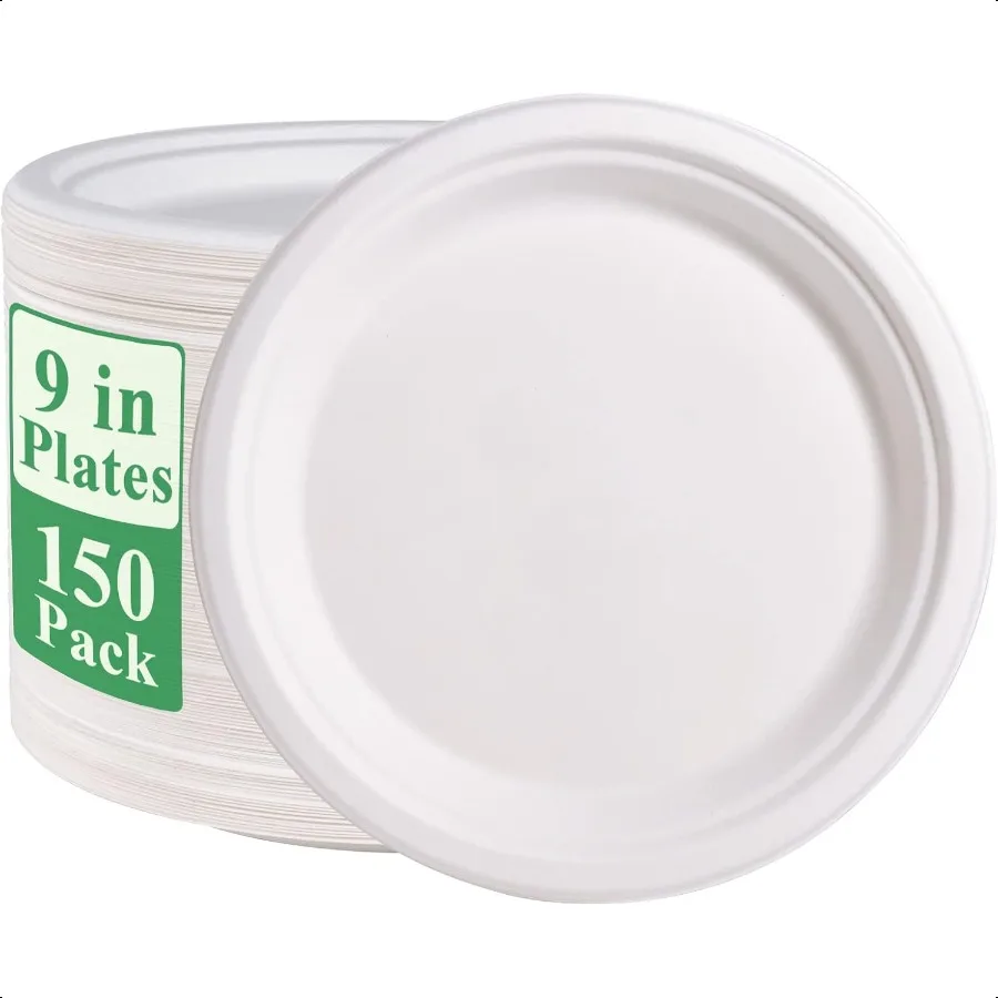 

150 Pack Paper Plates 9 inch 100 Compostable HeavyDuty Paper Plates Bagasse Natural Biodegradable EcoFriendly SugarcaneWhite