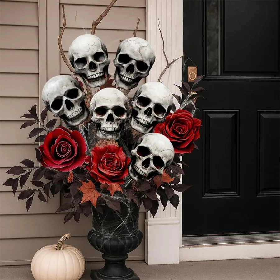 تايون الهالوين في الأماكن المغلقة: 14 قطعة جمجمة مخيفة كبيرة شجرة ورد حمراء داكنة يختار مخيف واقعي هيكل عظمي للهالوين زينة زهور لـ
