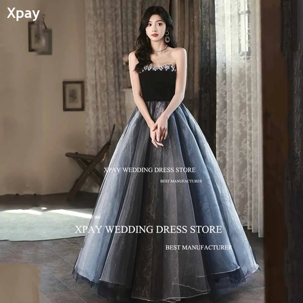 

XPAY Strapless Black Korea Organza Evening Dresses Photo Shoot Beading Lace Sleeveless Prom Gown Modern Tulle Formal Party Dress