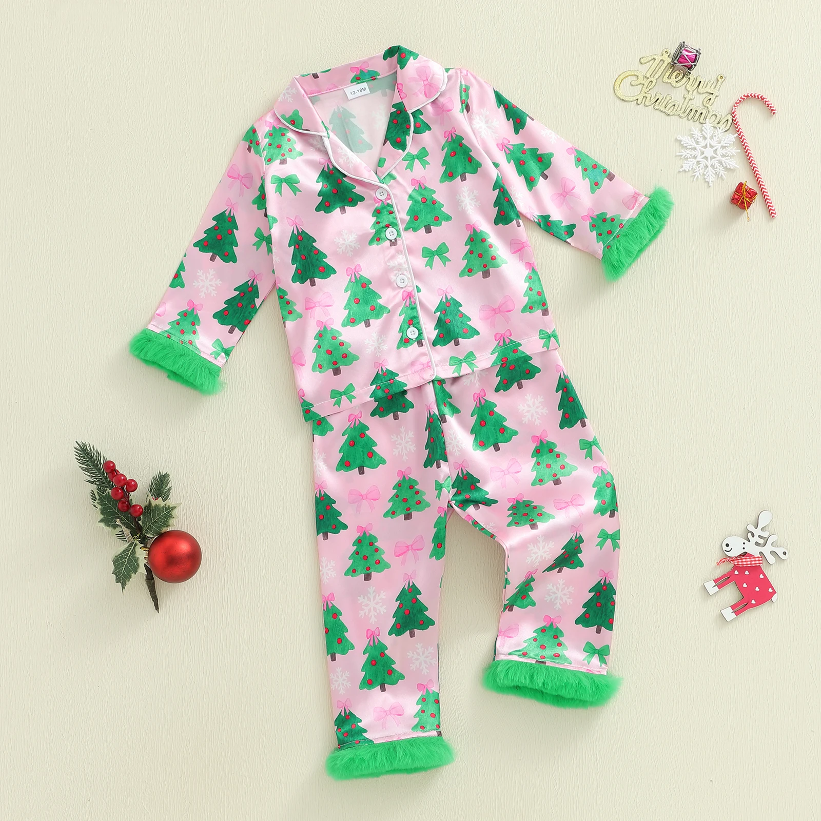 FOCUSNORM 0-7Y خريف شتاء أطفال بنات عيد الميلاد بيجامة من الساتان الملابس مجموعة شجرة طباعة التلبيب كم طويل زر أسفل القمم السراويل #5
