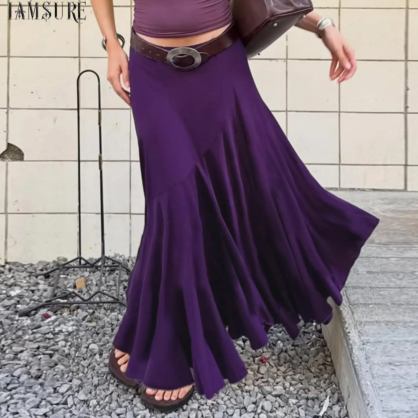 Women's Elegant Purple Low Waisted Maxi Skirt Flowy A-Line Flared Long Skirt with Elastic Waist Casual Summer Beach Dressy Skirt
