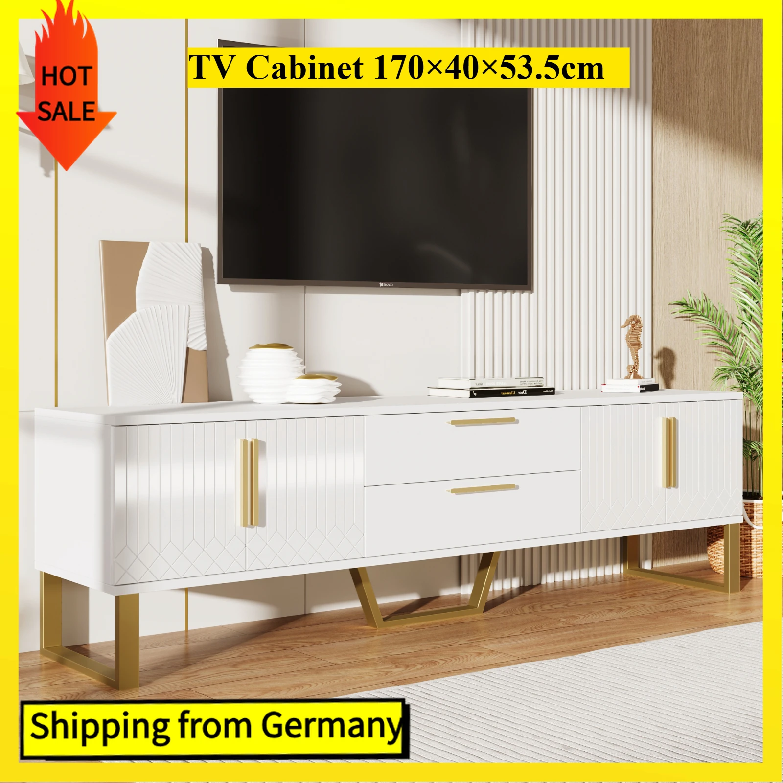 Comanlai Mobile TV lucido con 2 cassetti e 4 ante, maniglie e piedini dorati, mobiletto di lusso per soggiorno