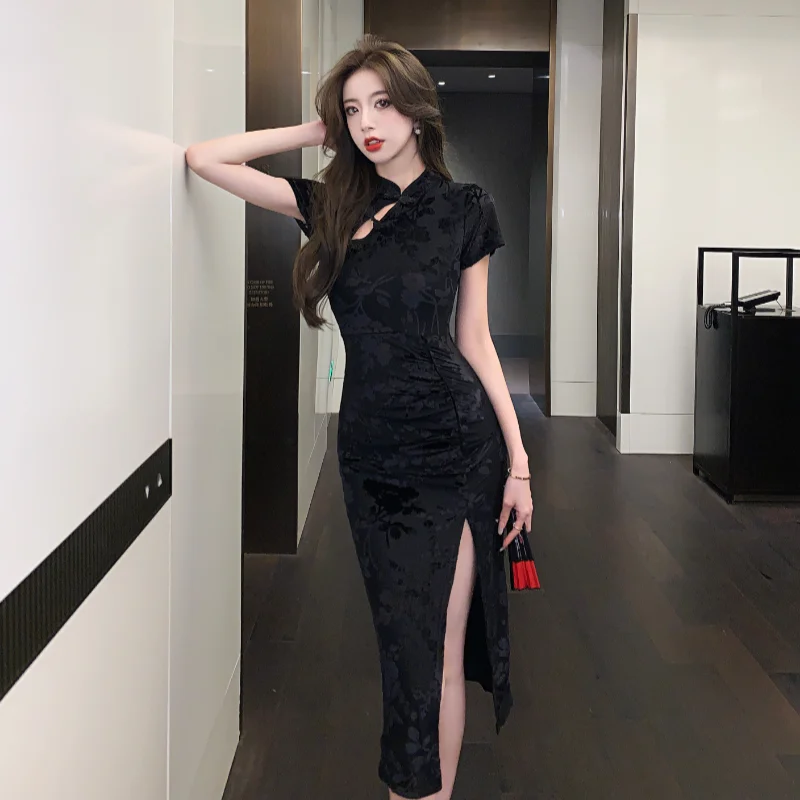 

Black Modified Version of the Cheongsam Dress Young Girls Sexy Summer 2023 New Sense of Senior Package Hip Long Skirt