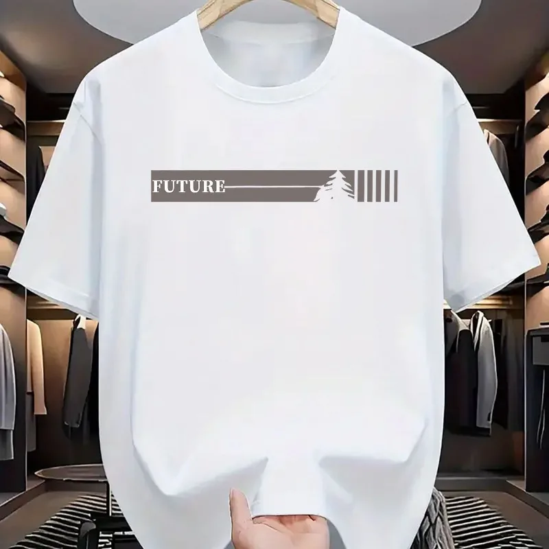 تي شيرت كاجوال بأكمام قصيرة ورقبة دائرية مطبوعة بنمط حروف المستقبل، فضفاض، مريح، مسامي، سريع الجفاف