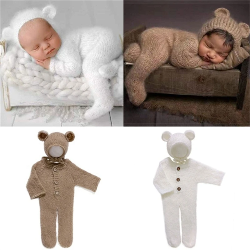 Vêtements de photographie pour nouveau-né, chapeau à oreilles d\'ours en mohair avec barboteuse, accessoire photo pour bébé