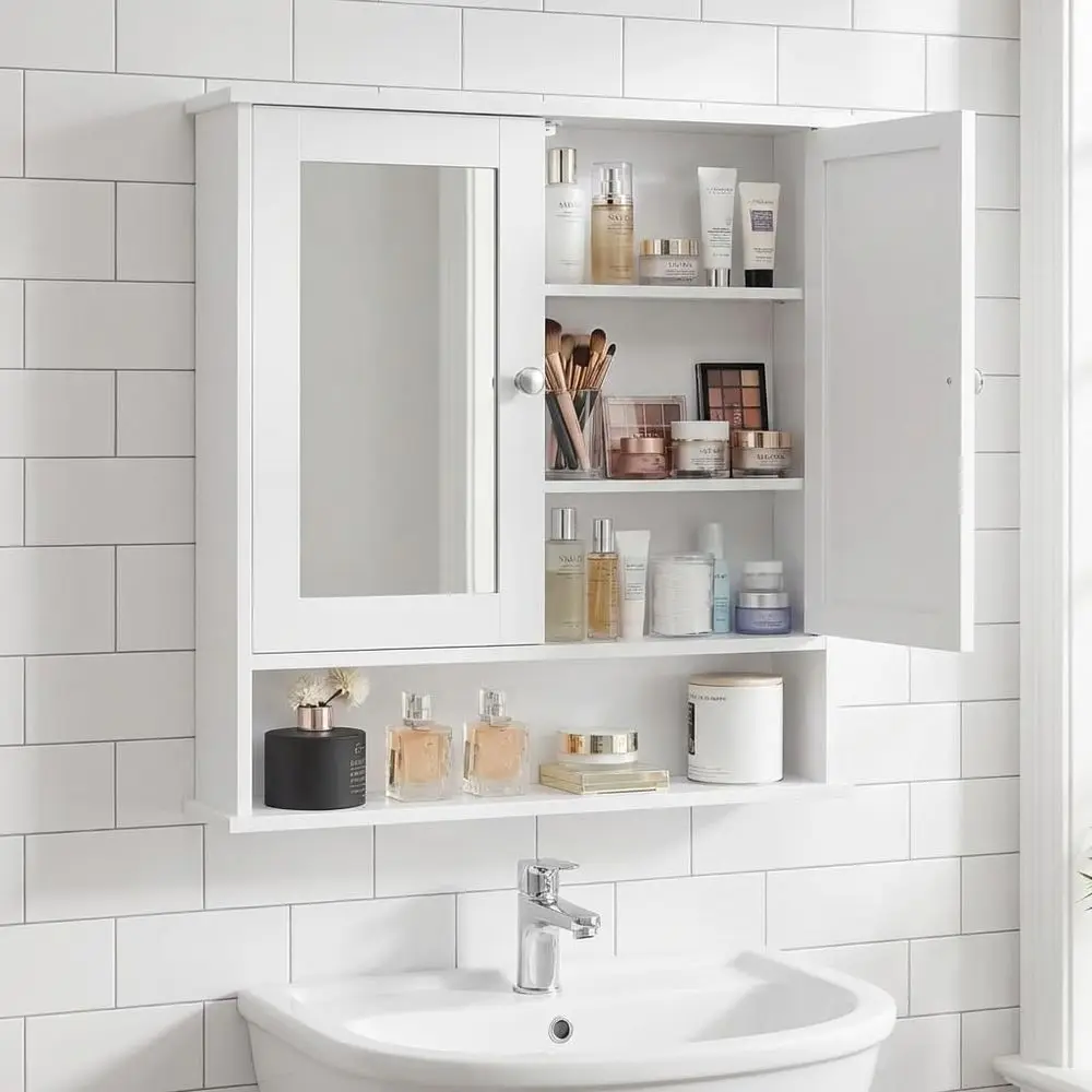 Espejo para Baño, Espejo de Pared para Baño con 2 Puertas Espejadas, Mueble de Baño con Estante Ajustable y Almacenamiento
