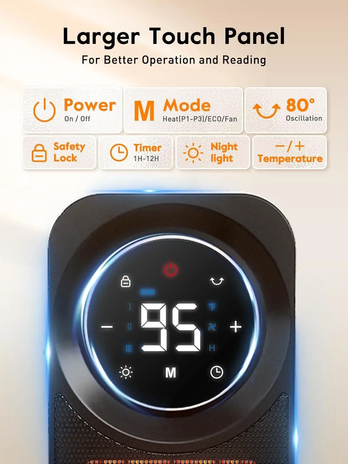 Touch Panel Space Heaters for Indoor Use, 1500W Fast Heating Electric Heater with Remote, 5 Modes, Quiet and Night Light