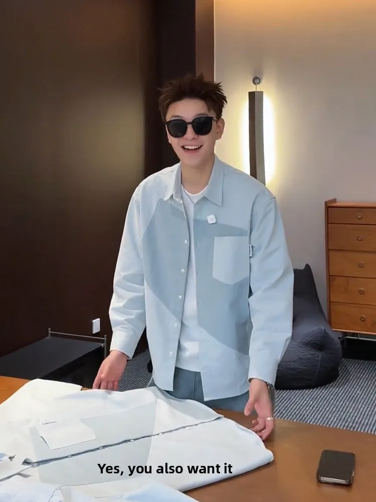 Light Blue Patchwork Color Block Long Sleeve Shirt Men's Summer Korean Style Casual Loose Fit Breathable Shoulder Shirt Jacket
