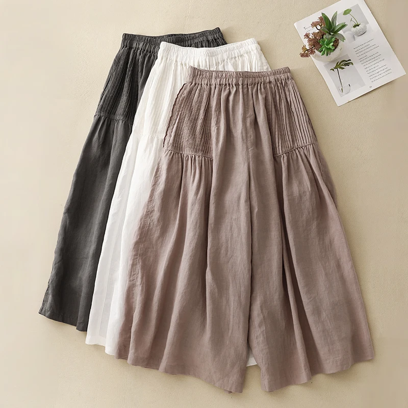 Pantaloni larghi larghi in puro lino Pantaloni casual con gonna a nove piedi Pantaloni a gamba larga in cotone primavera estate a vita larga
