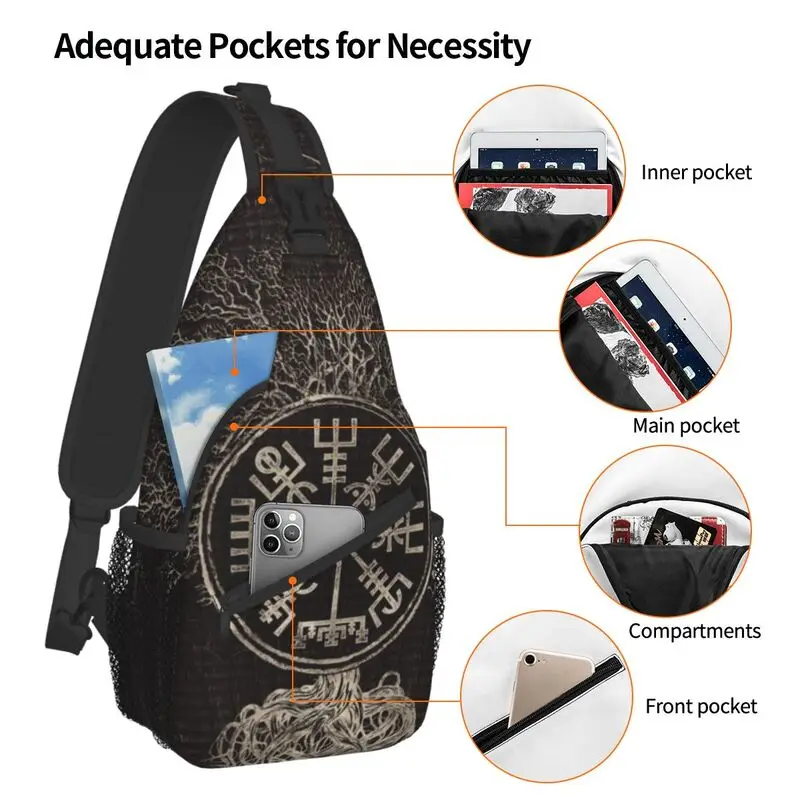 Vegvisir e árvore da vida yggdrasil estilingue peito saco viking bússola ombro crossbody mochila para homem viajar daypack