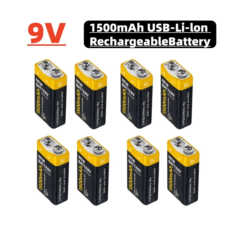 프리미엄 품질 9V USB 충전식 리튬 이온 배터리, 1500mAh 타입-C 충전, 마이크, 장난감, 미터 등에 적합