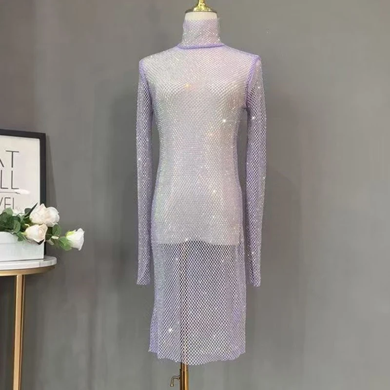 Damen Glänzendes Strass-Mesh-Midikleid mit Rollkragen, Langen Ärmeln, Durchsichtiges Bodycon-Kleid, Sexy Schlankes Party-Nachtclub-Abendkleid – Detail 5