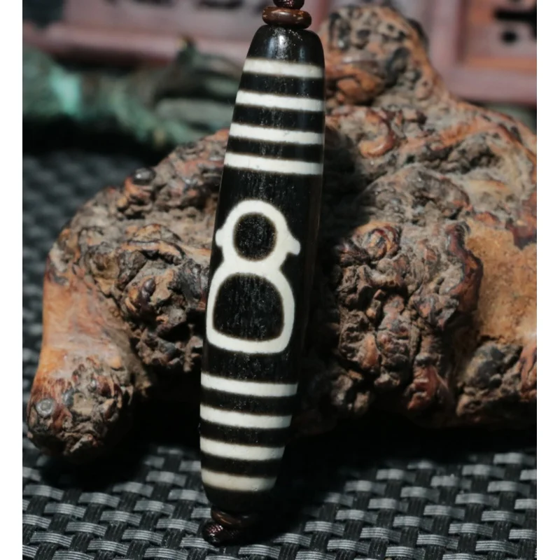 Energy Tibetan Old Agate 2 Wealth God 8 Stripe Long dZi Bead Amulet Pendant $$$