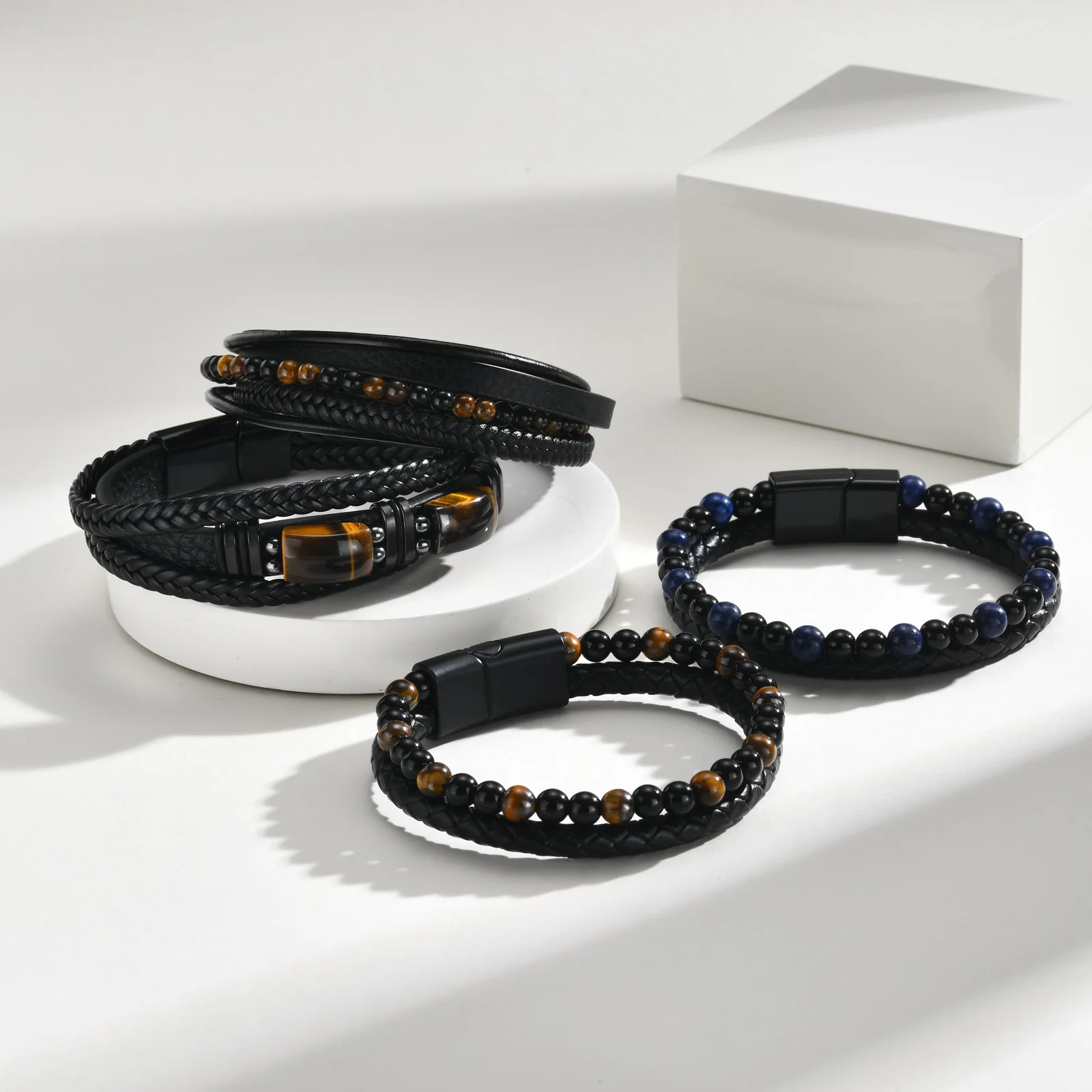 Vnox Mehrschichtiges Geflochtenes Lederarmband für Männer, Tigerauge Lapislazuli Perlen Magnetverschluss Armband Trendiger Männerschmuck Geschenk – Detail 6