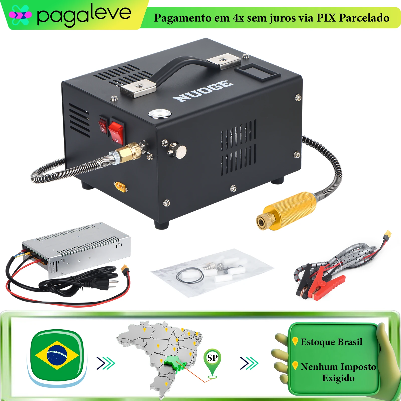 Compressor de Ar Portátil NUOGE 4500Psi 30Mbar para PCP, Bomba 12VDC/110V/220V, Sem Óleo/Água, Alta Pressão para Garrafa de Mergulho