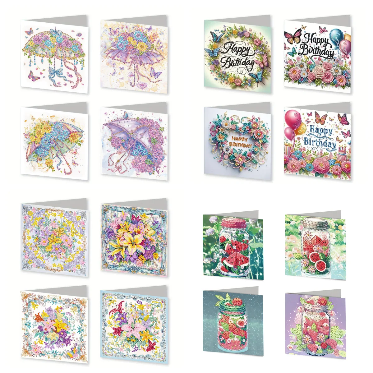 6 DIY Diamant-Bemalte Papier-Regenschirme/Blumen-/Fruchtmuster-Grußkarten und Postkarten, Weihnachtsgeschenke