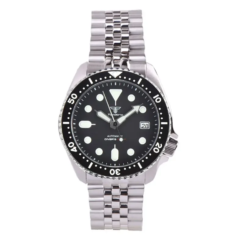 

41mm Tandorio NH35A 20ATM Automatic Men Black Diving Watch Sapphire Glass Date Luminous Hands Rubber/Steel Strap Rotating Bezel